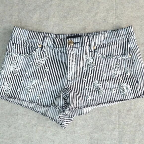 Juicy Couture Pants - Juicy Couture Denim Jean Shorts Frayed Embellished Black White Stripes Size 28